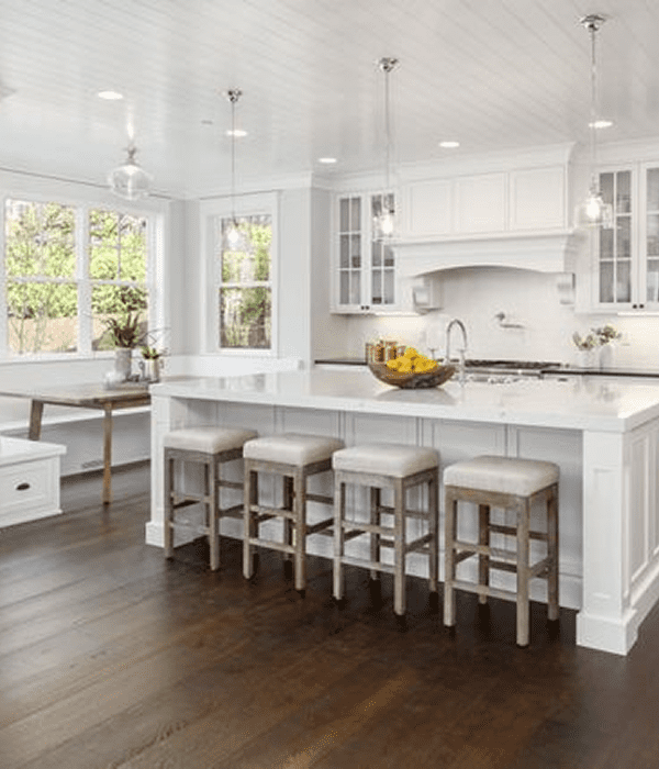 Modern kitchen with white cabinets and island.